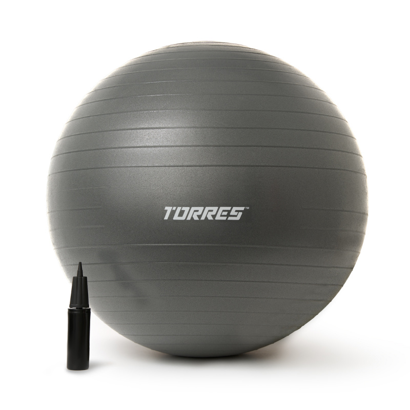 Мяч гимн. TORRES, FB122575, диам. 75 см, эласт. ПВХ, с защ.от взрыва,с насосом, серый