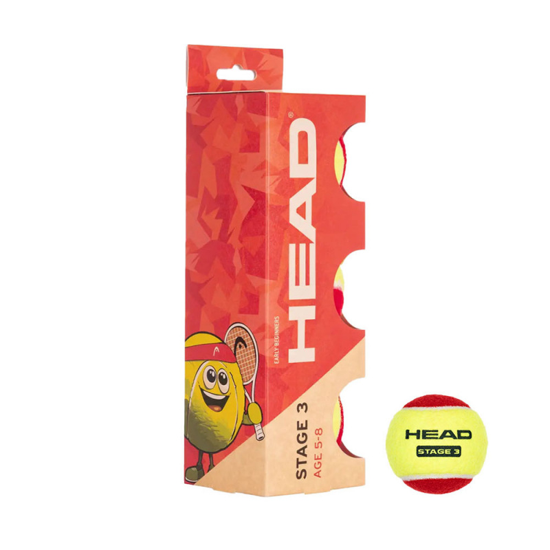 Мяч теннисный детский HEAD Stage 3 Red, 578433,уп.3 шт, фетр,нат.резина,желто-красный