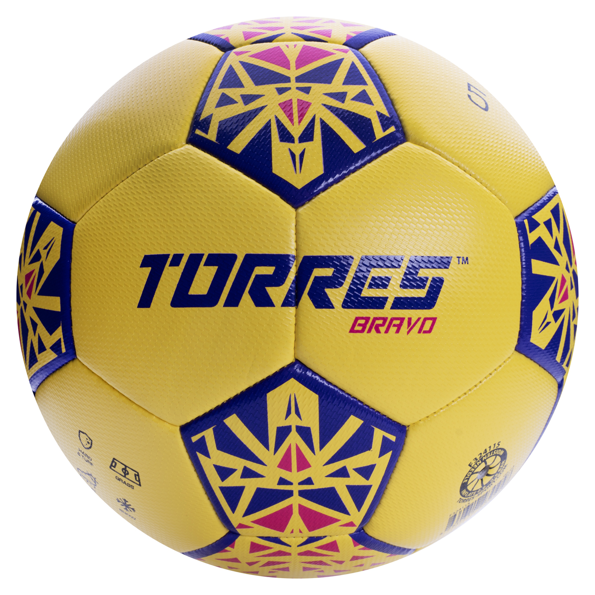 СЦ*Мяч футб. TORRES Bravo-5, F324115, р.5, ПУ, 4 сл, 32 п, гибрид.сшивка, желтый