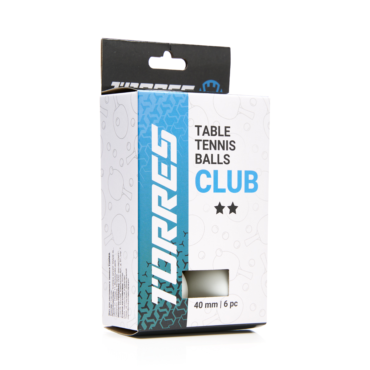 Мяч для наст. тенниса TORRES Club 2*, TT23014, диам. 40+мм, упак. 6 шт, белый