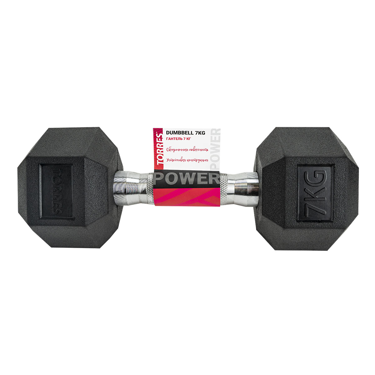 Гантель TORRES 7 кг, PL51907, металл в резиновой оболочке, форма шестигранник, черный
