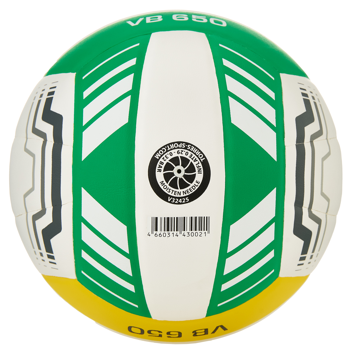 Мяч вол. TORRES VB 650, V32425, р.5, синт.кожа полиуретан, клееный, бут.кам, бел-зелено-желт