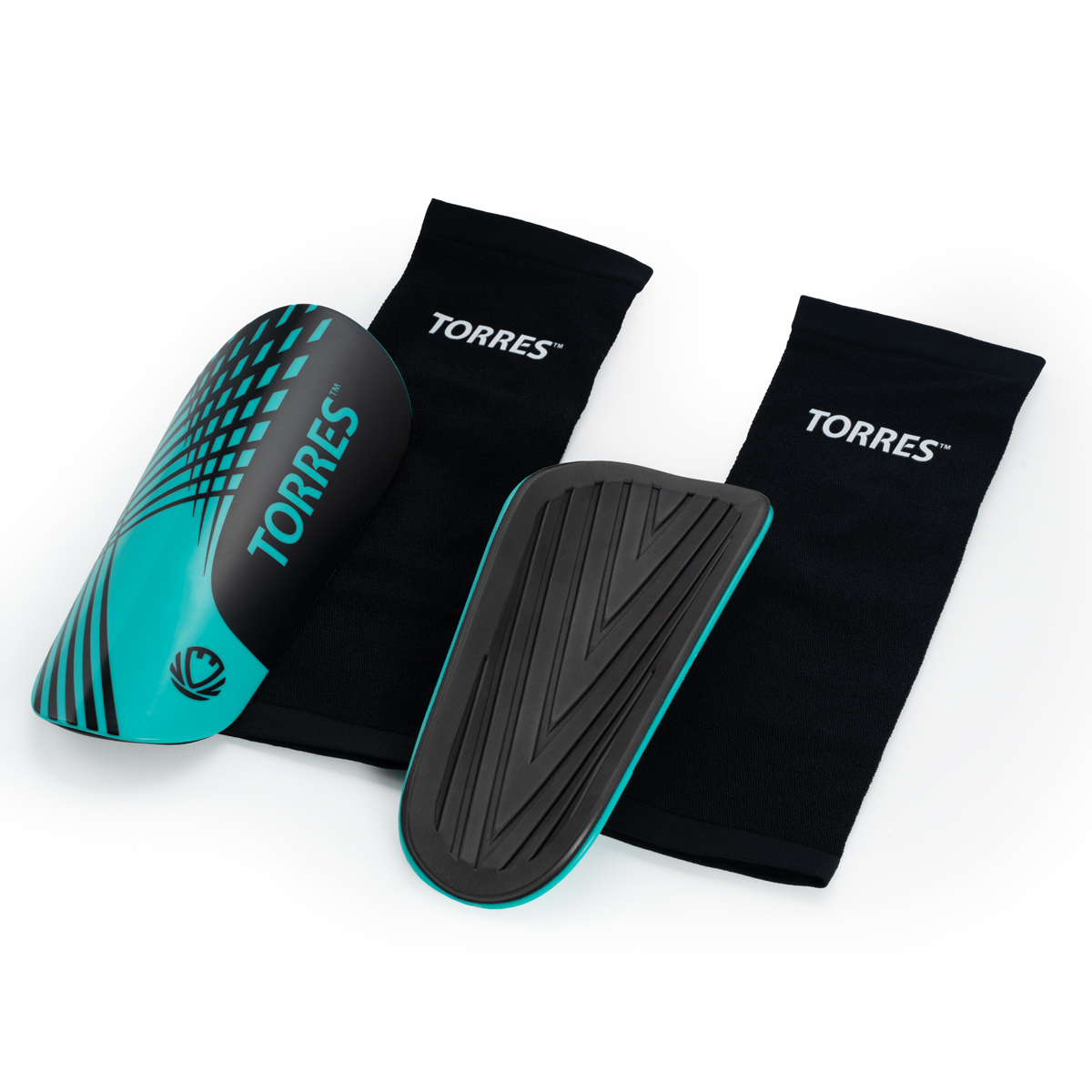 Щитки футбольные TORRES Pro, FS2308S, р. S, без голеностопа, без заст., эласт.чулок, черно-бирюзовый