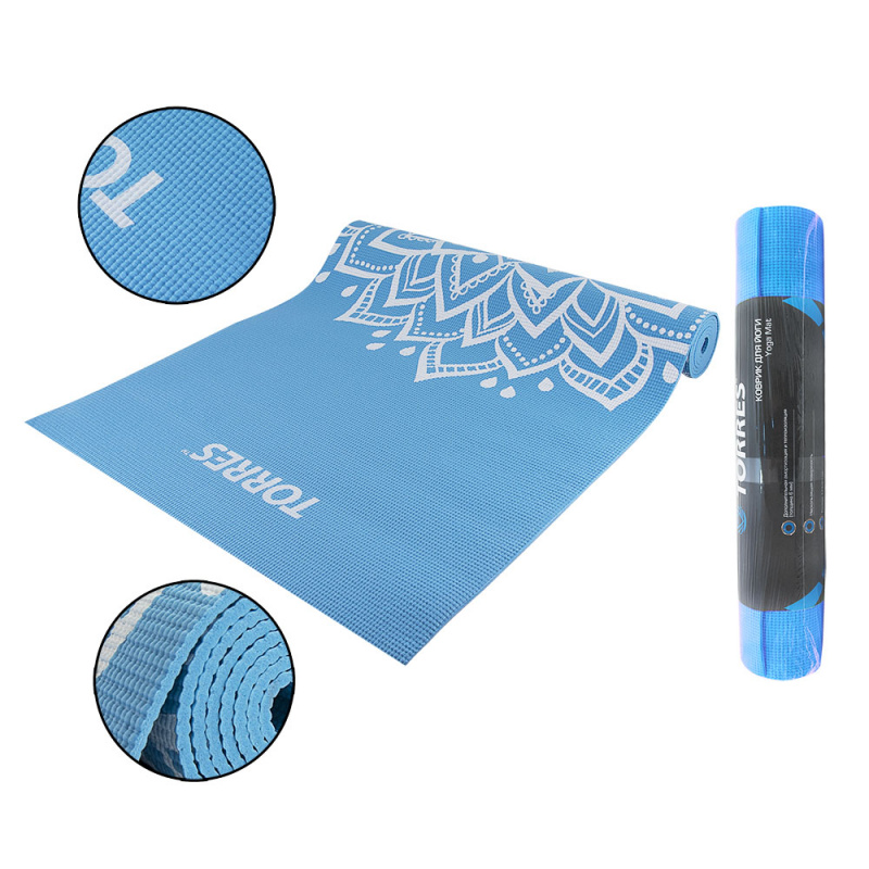 Коврик для йоги TORRES Basis 4, YL10024, PVC 4 мм, нескользящее покрытие, голубо-белый