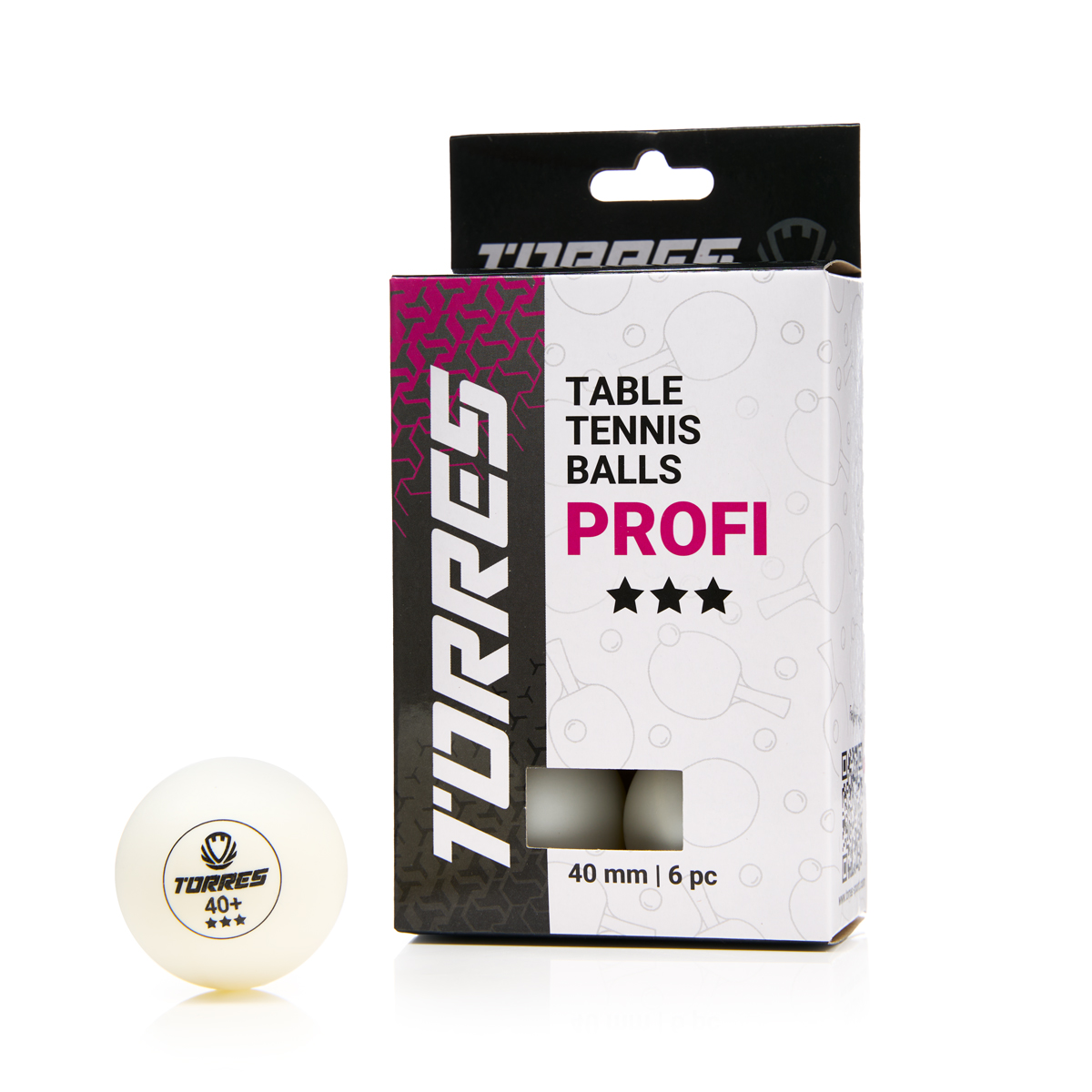 Мяч для наст. тенниса TORRES Profi 3*, TT23012, диам. 40+мм, упак. 6 шт, белый