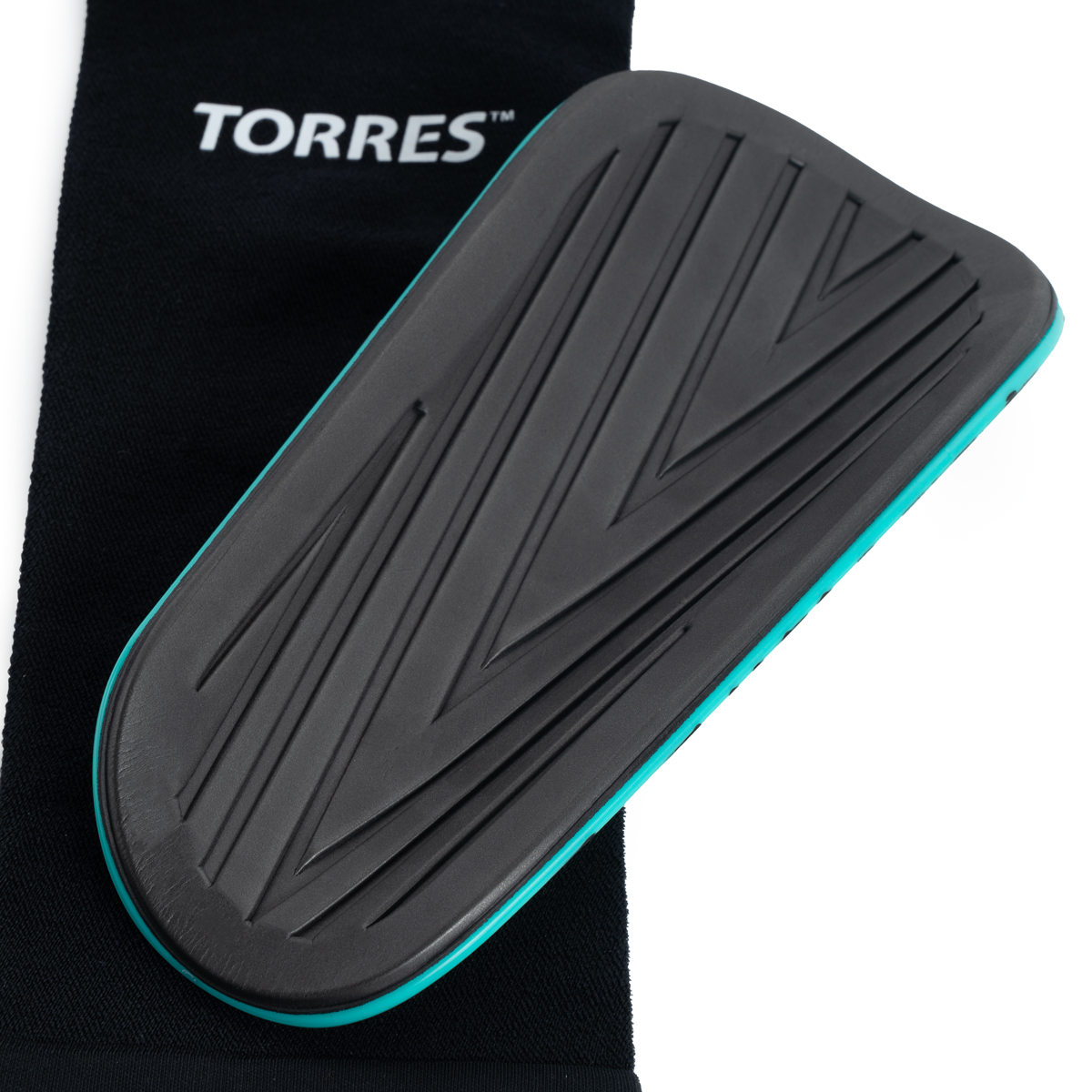 Щитки футбольные TORRES Pro, FS2308S, р. S, без голеностопа, без заст., эласт.чулок, черно-бирюзовый
