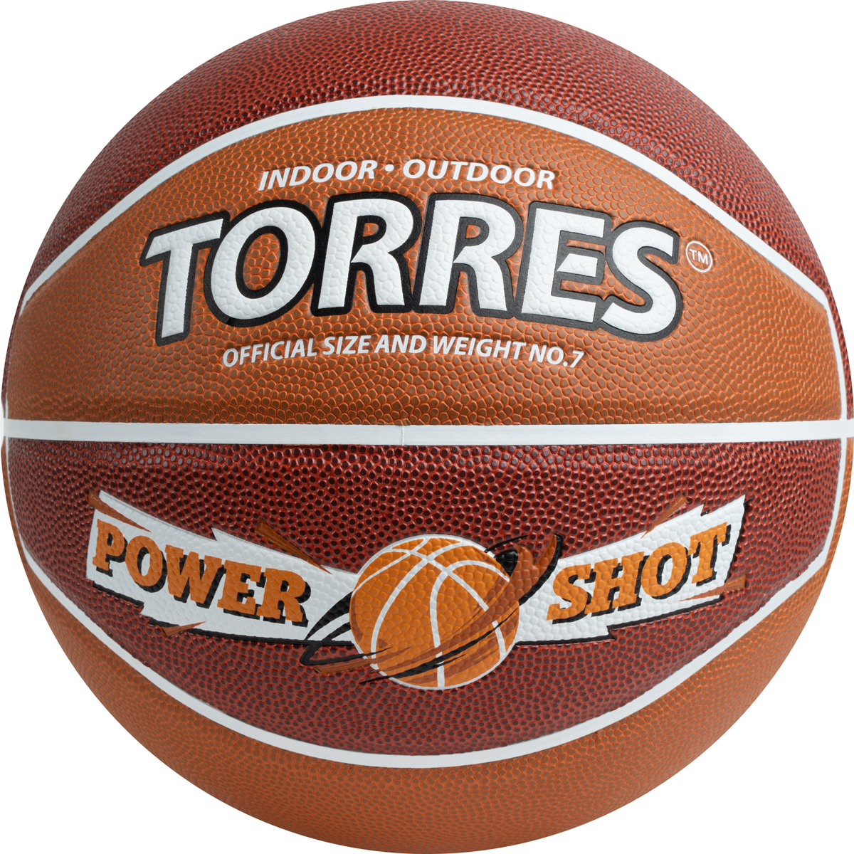 Мяч баск. TORRES Power Shot, B323187, р.7, 8 пан., ПУ, нейлон.корд,бут.кам, коричнево-оранжевый