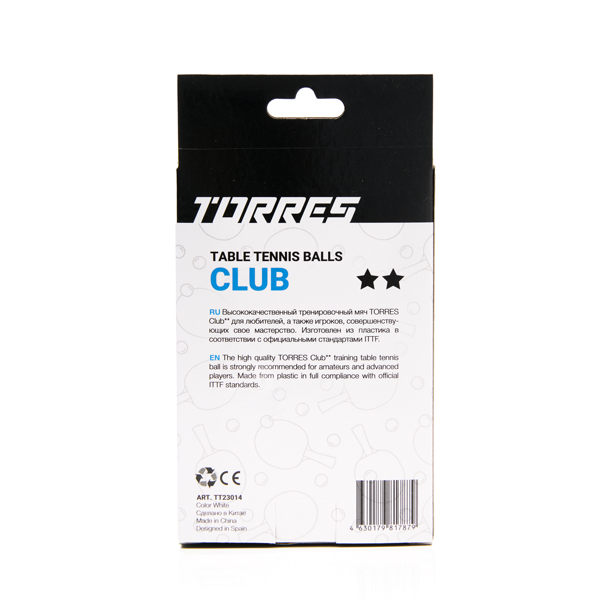 Мяч для наст. тенниса TORRES Club 2*, TT23014, диам. 40+мм, упак. 6 шт, белый