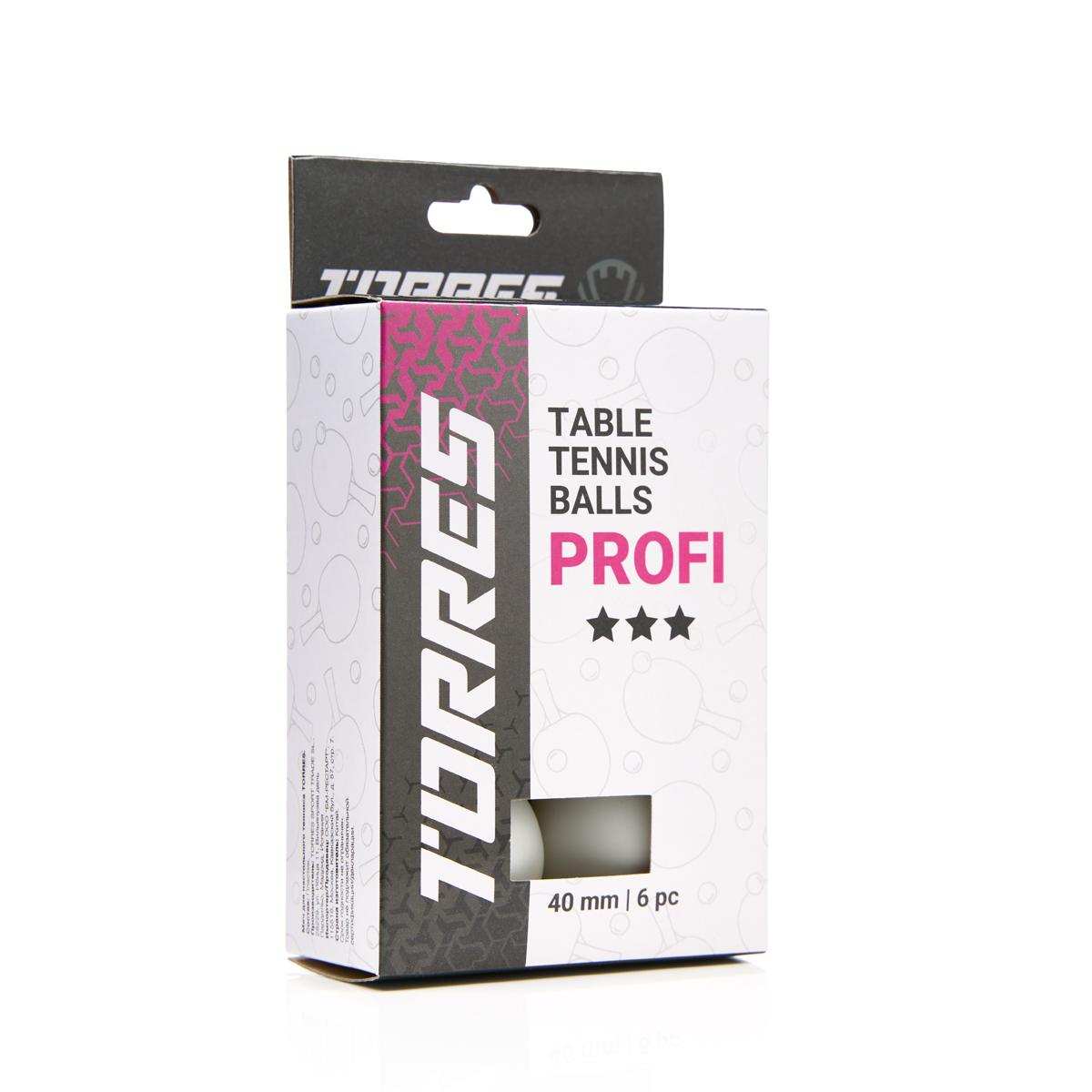 Мяч для наст. тенниса TORRES Profi 3*, TT23012, диам. 40+мм, упак. 6 шт, белый
