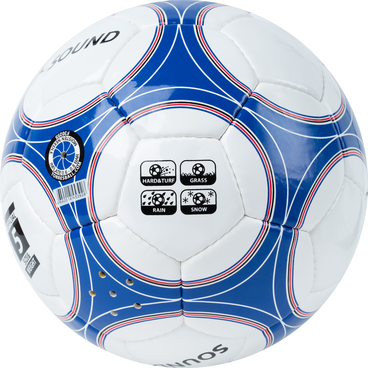 Мяч футб. TORRES Sound, F30255, р.5, со звук.панелями, 32 п,гл.PU,4 слоя, руч. сш, бело-син-чер