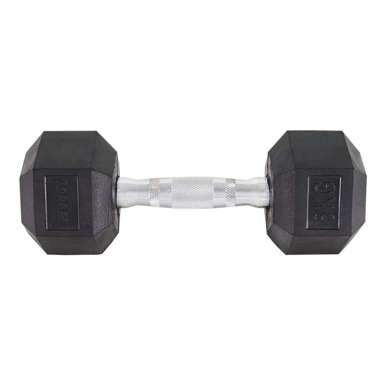Гантель TORRES 5 кг, PL51905, металл в резиновой оболочке, форма шестигранник, черный