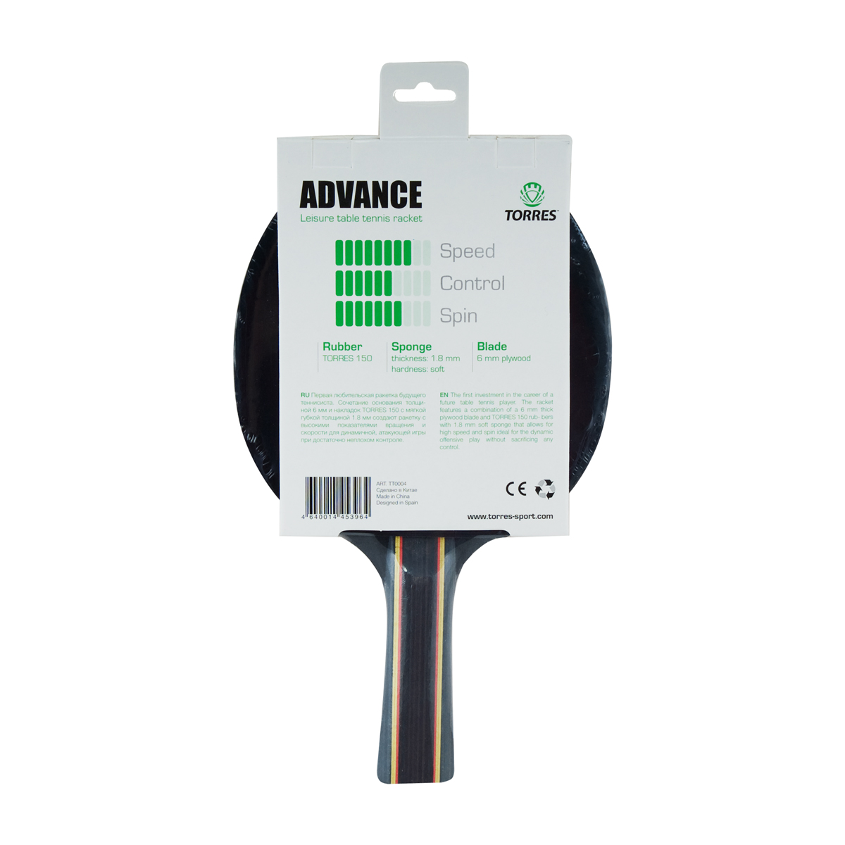 Ракетка для н/т TORRES Advance, TT0004, для любителей, накладка 1,8 мм, конич. ручка