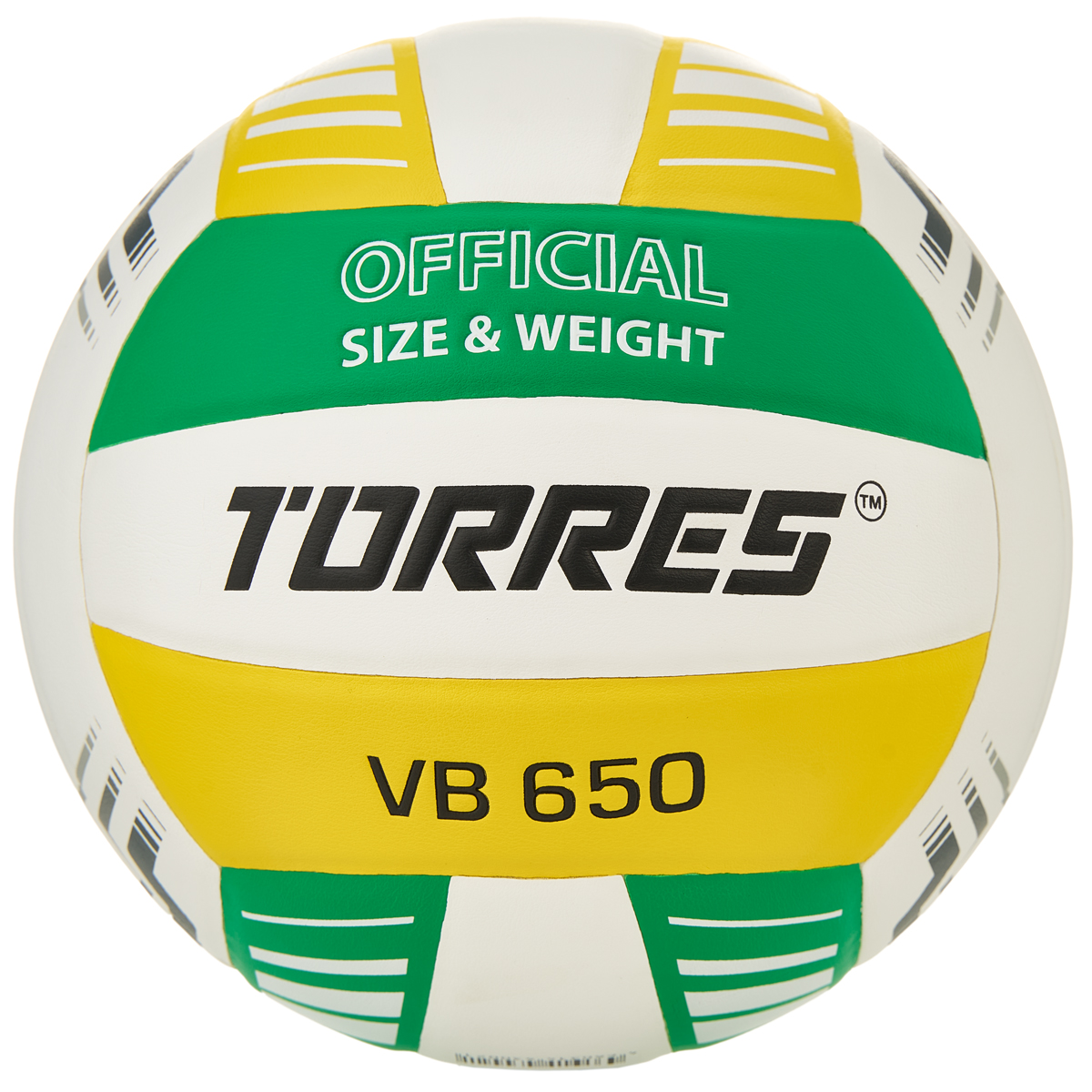 Мяч вол. TORRES VB 650, V32425, р.5, синт.кожа полиуретан, клееный, бут.кам, бел-зелено-желт