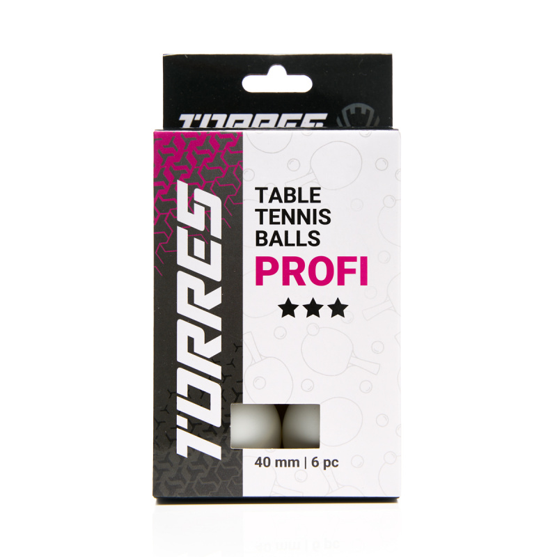 Мяч для наст. тенниса TORRES Profi 3*, TT23012, диам. 40+мм, упак. 6 шт, белый