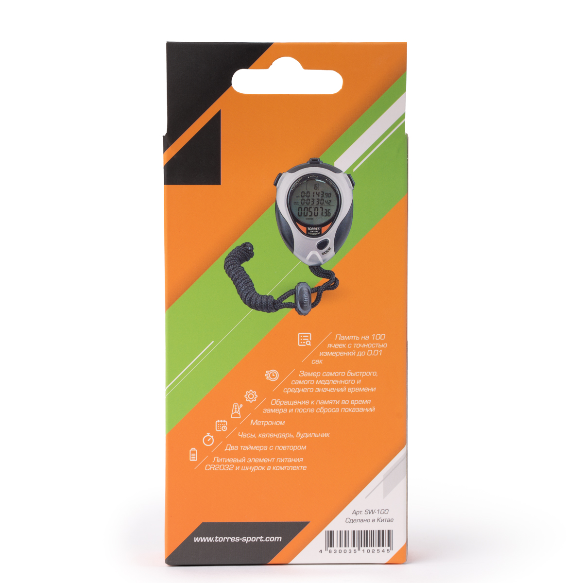 Секундомер проф. TORRES Professional Stopwatch, SW-100,100 яч.пам.,таймер,метроном,сер-чер. NEW