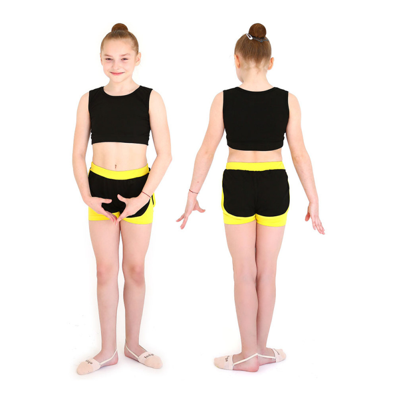 Шорты двойные гимнастические Indigo SM-346-32, р.32, хлопок, эластан, черно-желтый