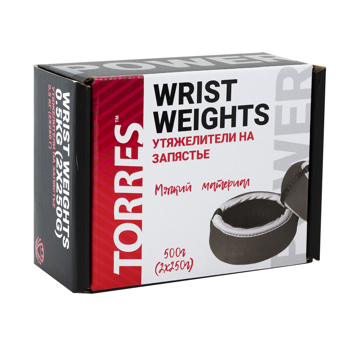 Утяжелители на запястье TORRES 0,5 кг, PL607605, (2штх250г), нейлон, металл. песок, красн-сер.