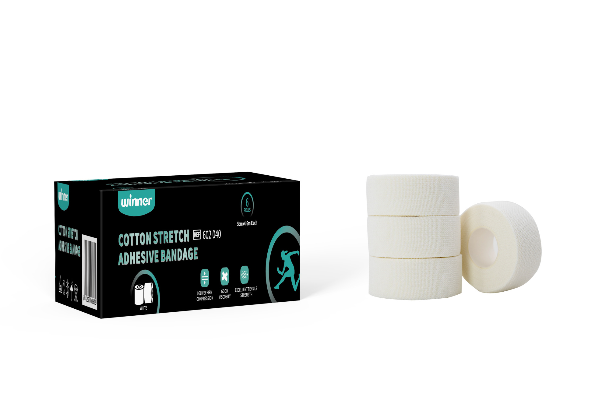 Тейп спортивный Winner, Cotton Stretch Adhesive bandage, 602040 5см*4.6м, белый, 6 шт./упаковке