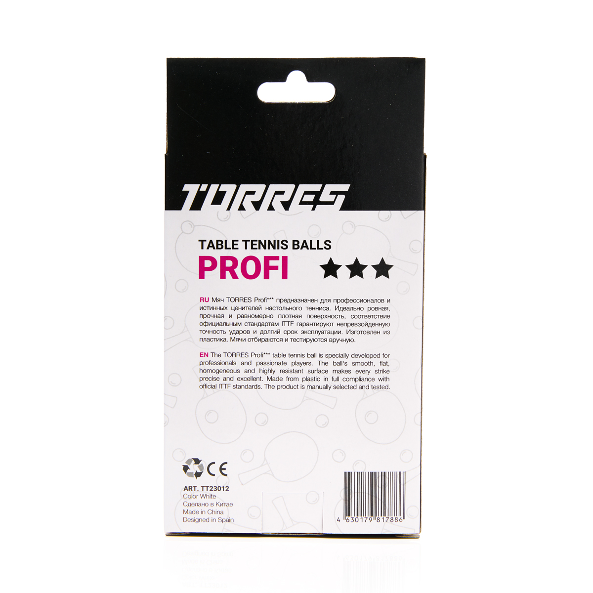 Мяч для наст. тенниса TORRES Profi 3*, TT23012, диам. 40+мм, упак. 6 шт, белый