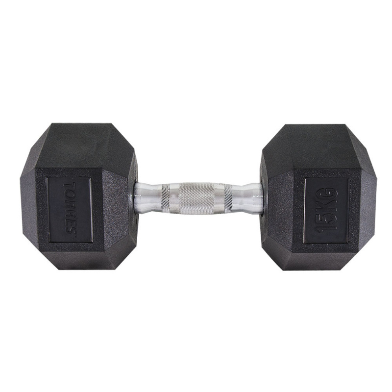 Гантель TORRES 15 кг, PL51915, металл в резиновой оболочке, форма шестигранник, черный
