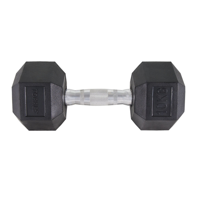 Гантель TORRES 10 кг, PL51910, металл в резиновой оболочке, форма шестигранник, черный