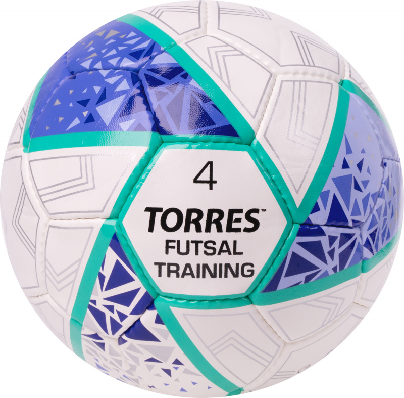 Мяч футзал. TORRES Futsal Training, FS323674, р.4,32 пан. ПУ, 4 подкл. слоя, ручн.сш,бело-фиолет-зел