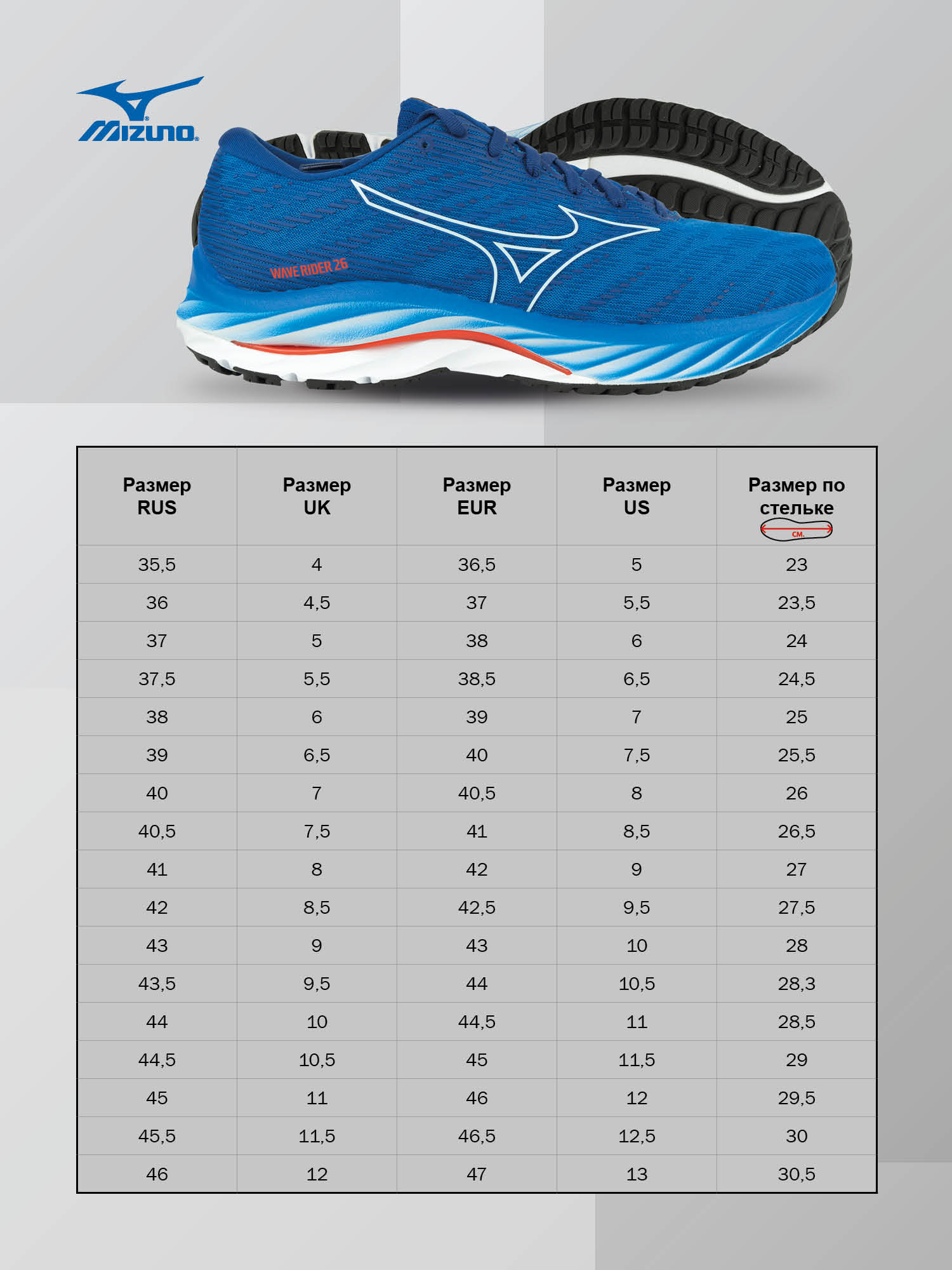 СЦ*Кроссовки бег. MIZUNO Wave Rider 26, J1GC2203-05,р.UK10 (рос.44), полиэст.,нейлон,EVA,резина,сини