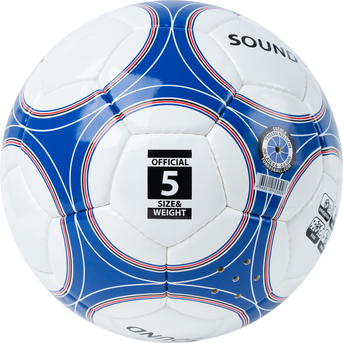 Мяч футб. TORRES Sound, F30255, р.5, со звук.панелями, 32 п,гл.PU,4 слоя, руч. сш, бело-син-чер