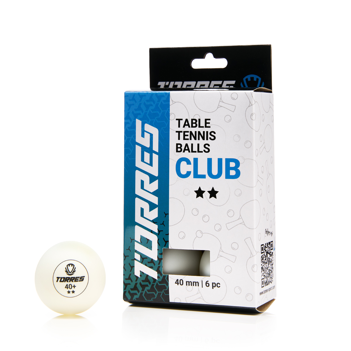 Мяч для наст. тенниса TORRES Club 2*, TT23014, диам. 40+мм, упак. 6 шт, белый