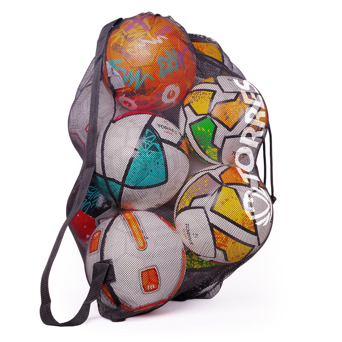 Сетка для мячей TORRES, FS102301, на 10 футб. мячей, шнурок с фиксатором, полиэстер, чёрный