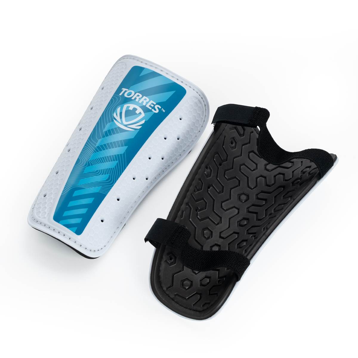 Щитки футбольные TORRES Match , FS2305S, р. S, без голеностопа, две заст. на лип, бело-голубой