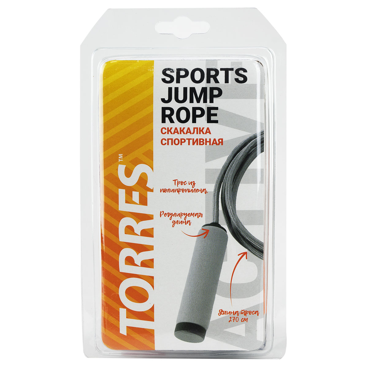 Скакалка TORRES, AL1003, трос из полипропилена, эрг. ручки, медл. скорость вращения, серо-оранж