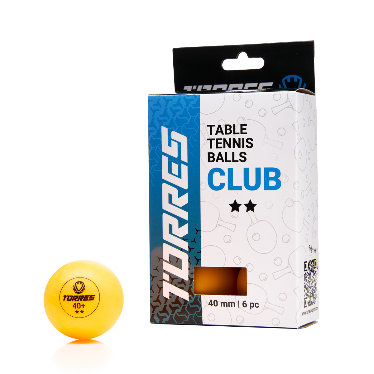 Мяч для наст. тенниса TORRES Club 2*, TT23013, диам. 40+ мм, упак. 6 шт, оранжевый
