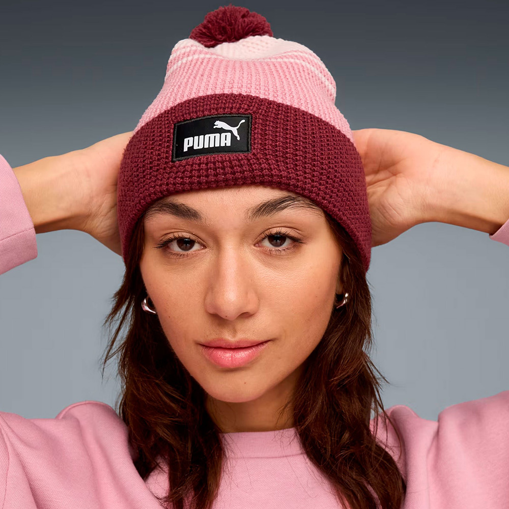 Шапка PUMA Ess Mid Crown Pom Beanie, 02655002, вискоза, полиэстер, нейлон, розово-бордовый
